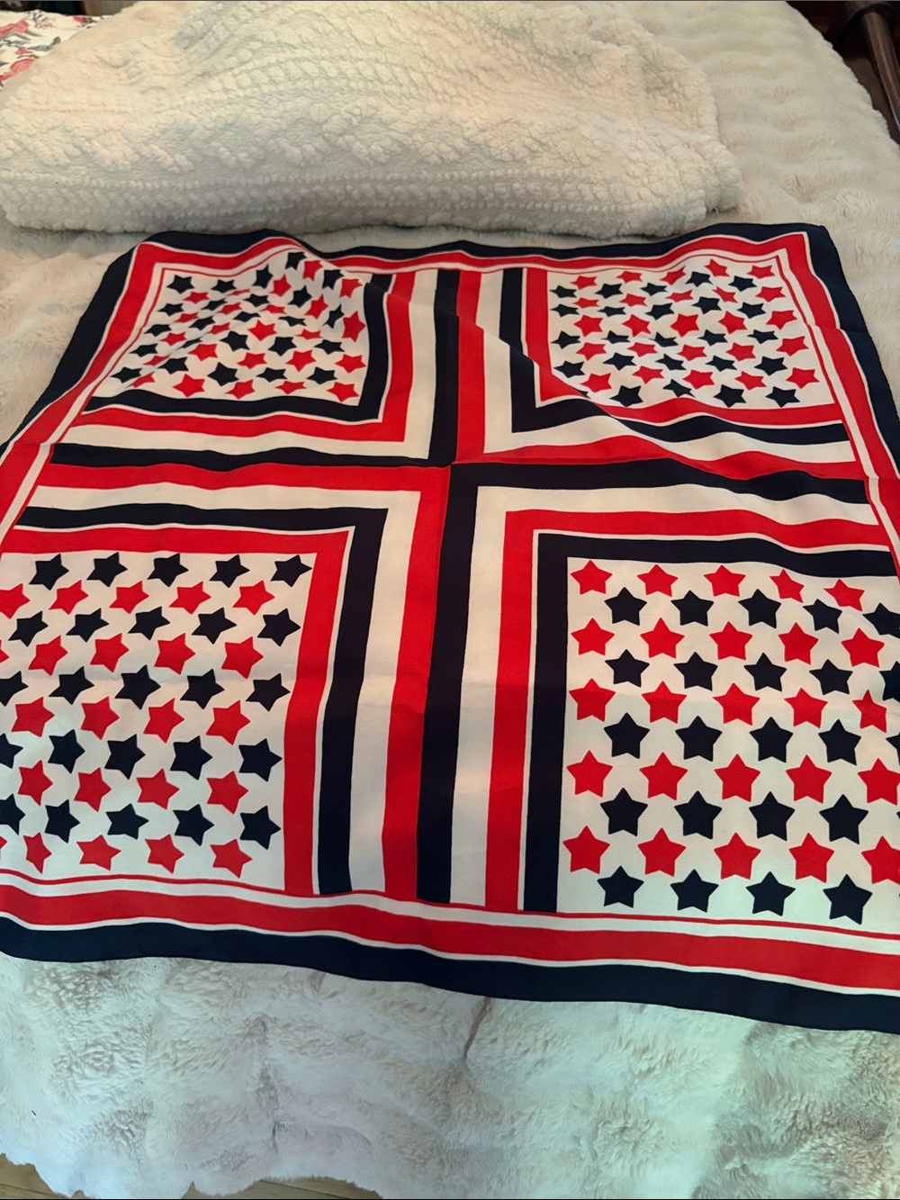 Star Print Red, White & Blue Square Scarf. 25@“by 25”
